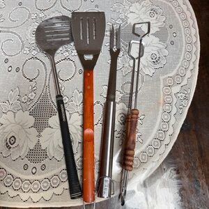 4-Piece Stainless Steel BBQ Tool Set with Wood Accents - Brown.